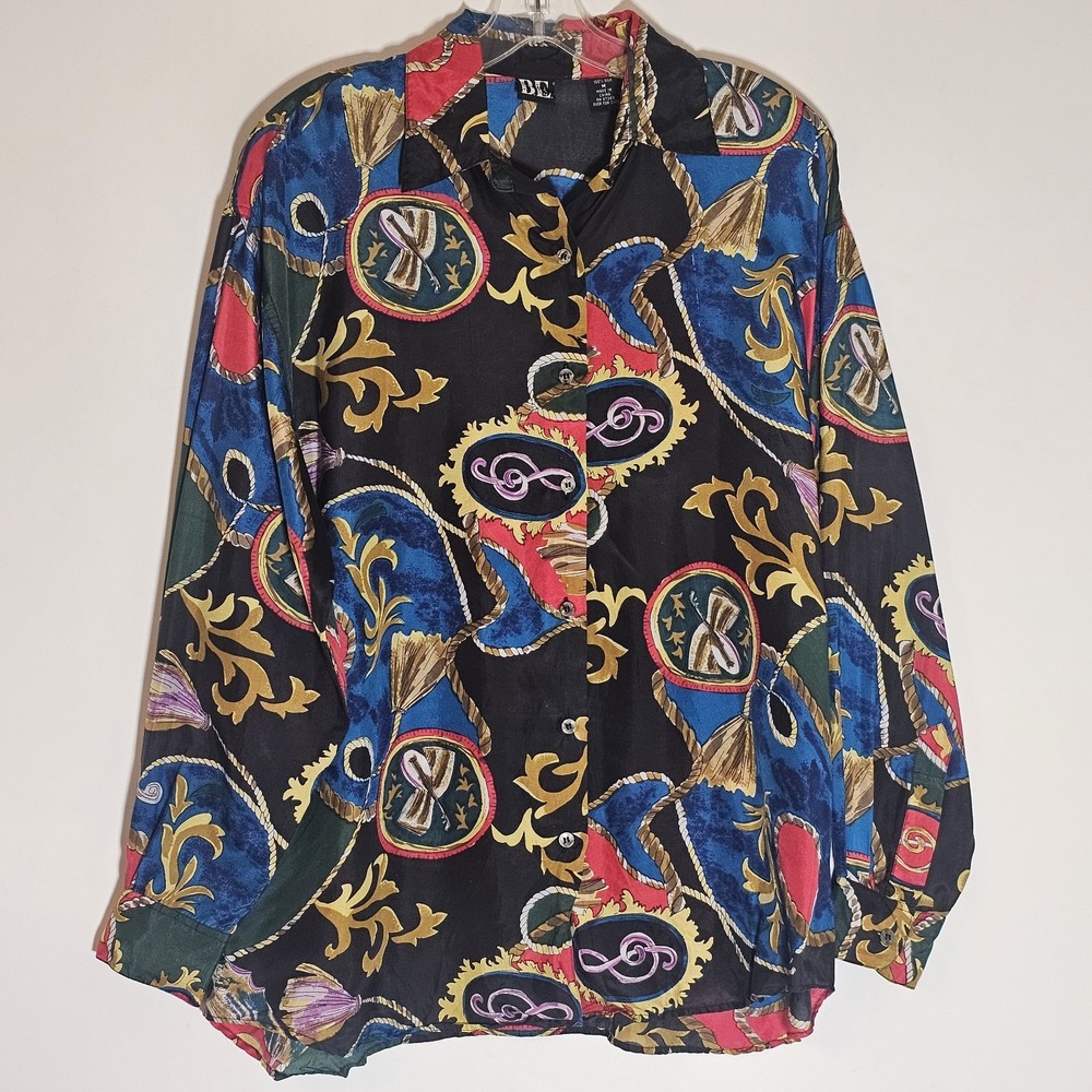 Vintage Basic Editions Top Womens Medium Multi Silk Button‎ Up Music Baroque Fun